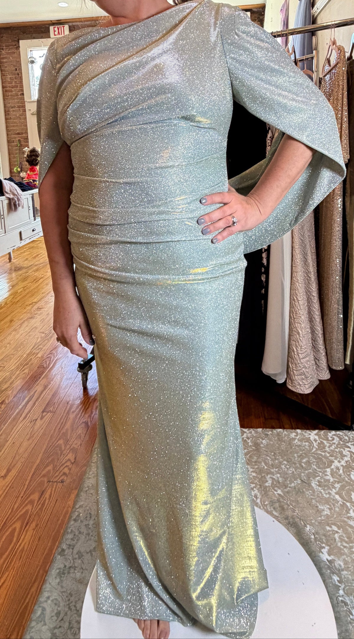 Betsy & Adam Gracie Sage Green Glitter Gown | Draped Cape Sleeve Formal Dress | Size 12