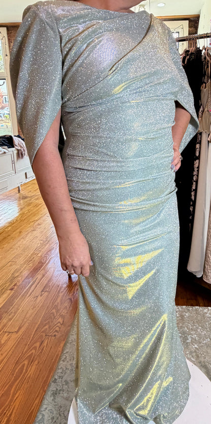 Betsy & Adam Gracie Sage Green Glitter Gown | Draped Cape Sleeve Formal Dress | Size 12