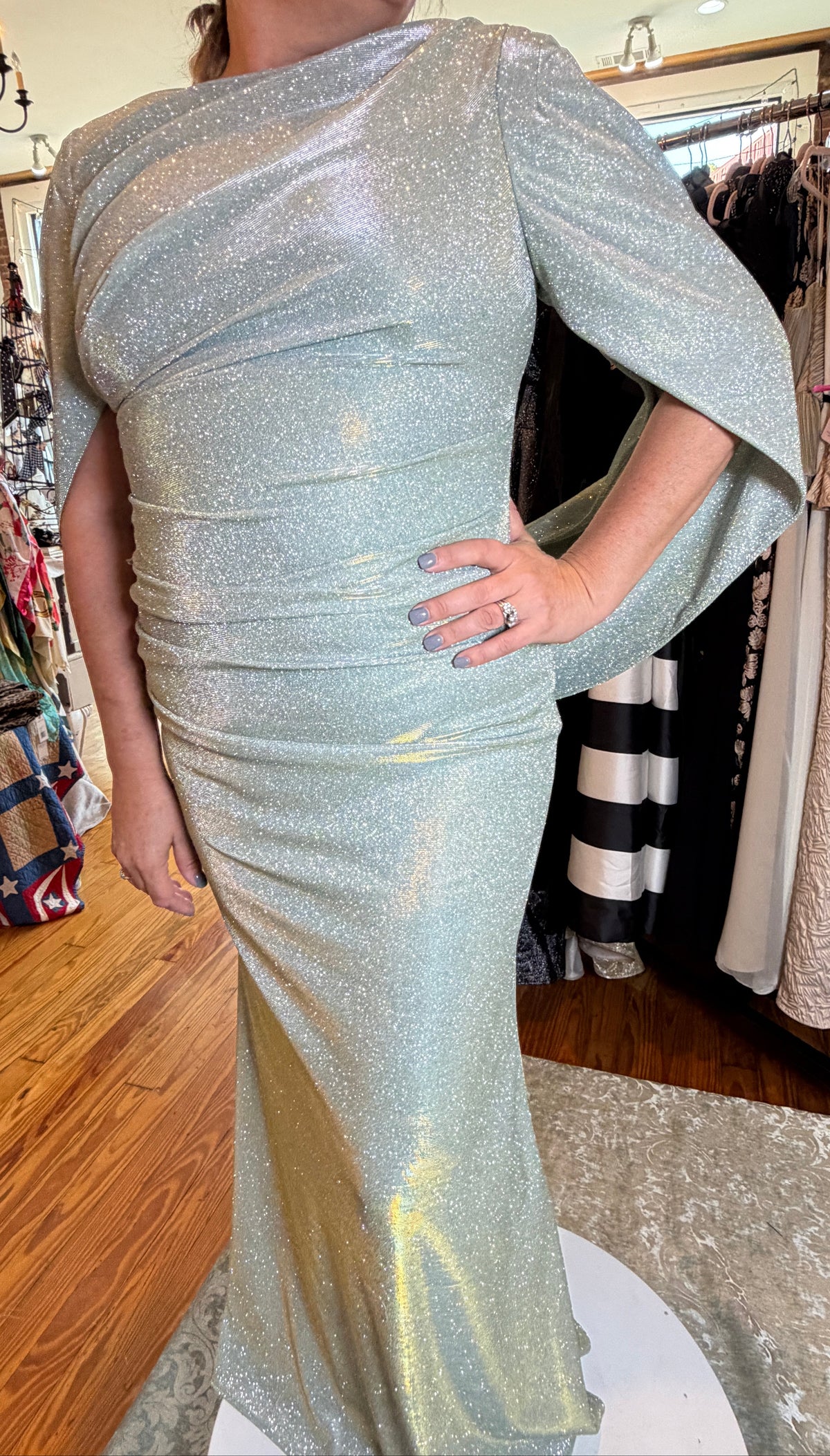 Betsy & Adam Gracie Sage Green Glitter Gown | Draped Cape Sleeve Formal Dress | Size 12