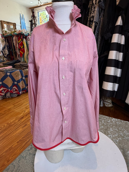 Upcycled Red Pinstripe Button-Up | Ruffled Collar | Red Piped Hem | XL