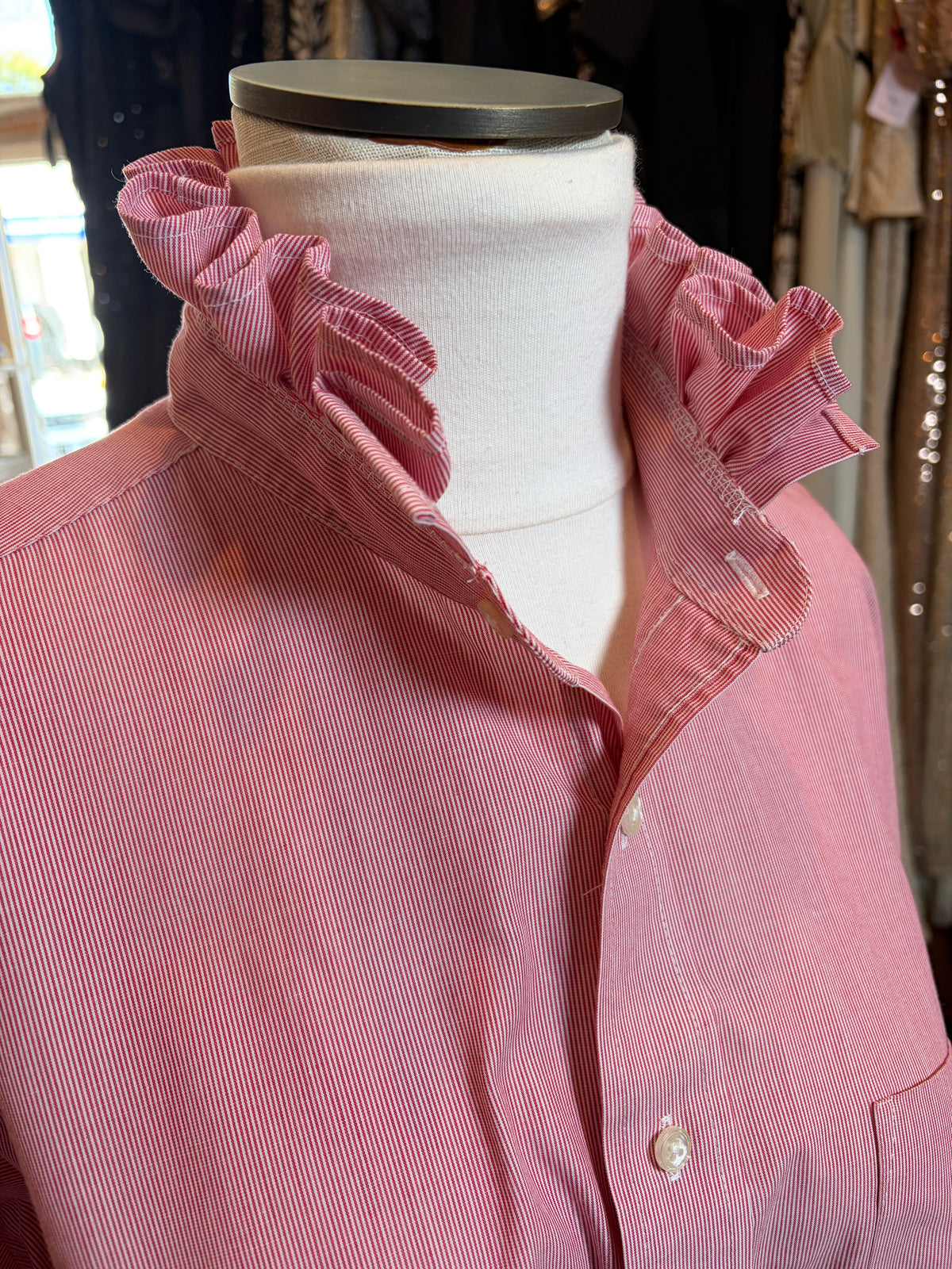 Upcycled Red Pinstripe Button-Up | Ruffled Collar | Red Piped Hem | XL