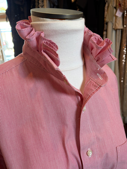 Upcycled Red Pinstripe Button-Up | Ruffled Collar | Red Piped Hem | XL
