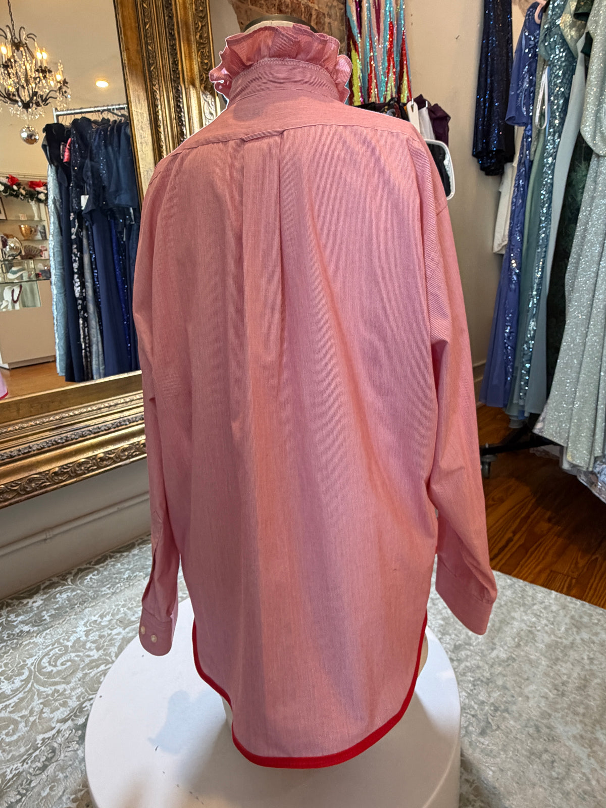 Upcycled Red Pinstripe Button-Up | Ruffled Collar | Red Piped Hem | XL
