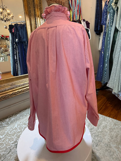 Upcycled Red Pinstripe Button-Up | Ruffled Collar | Red Piped Hem | XL