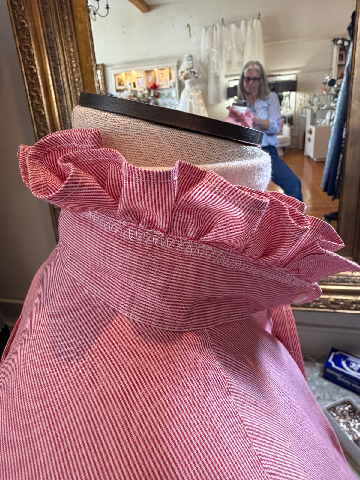 Upcycled Red Pinstripe Button-Up | Ruffled Collar | Red Piped Hem | XL