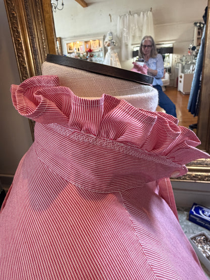 Upcycled Red Pinstripe Button-Up | Ruffled Collar | Red Piped Hem | XL