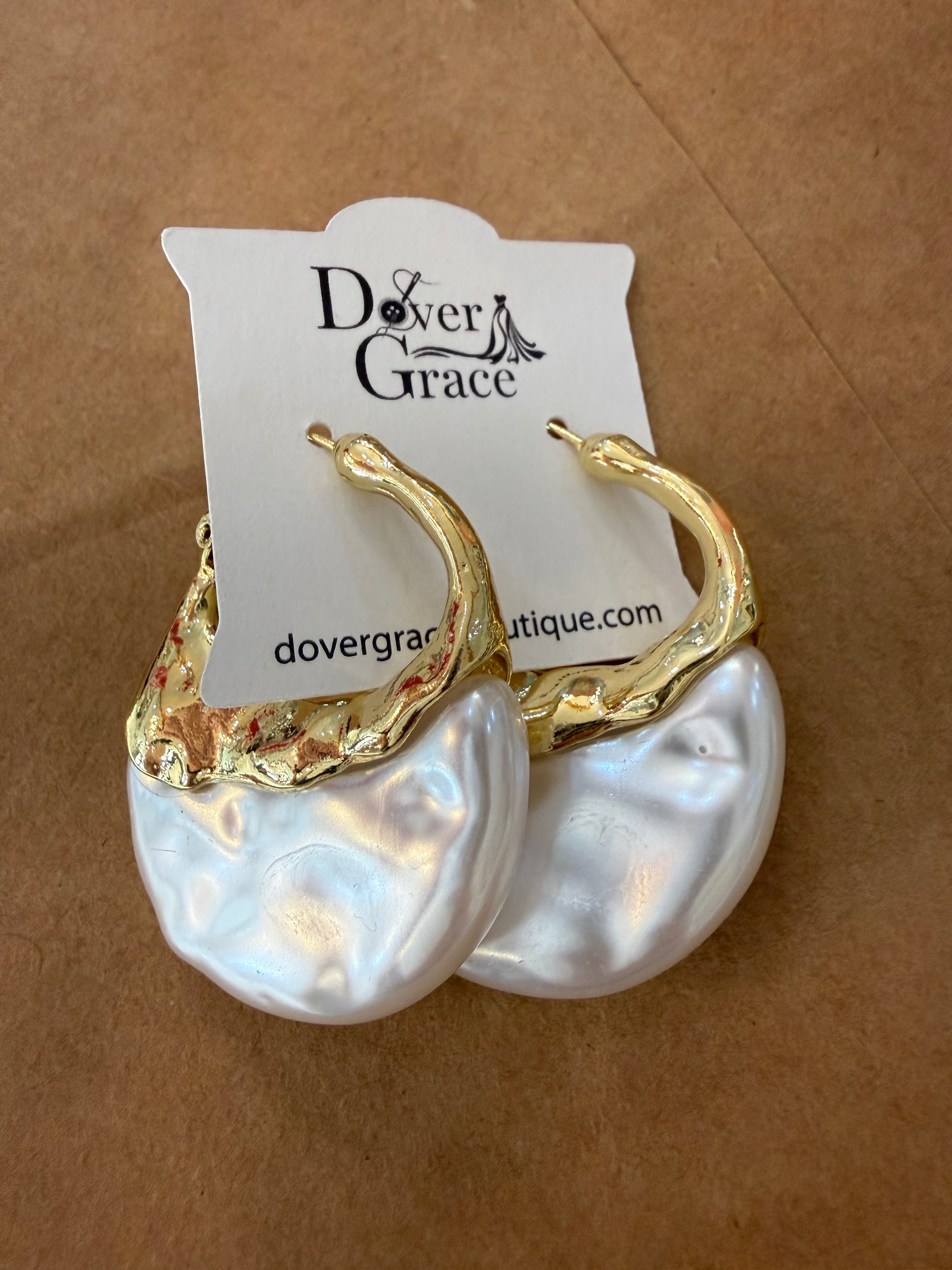 Faux Gold and Pearl Sculpted Hoop Earrings