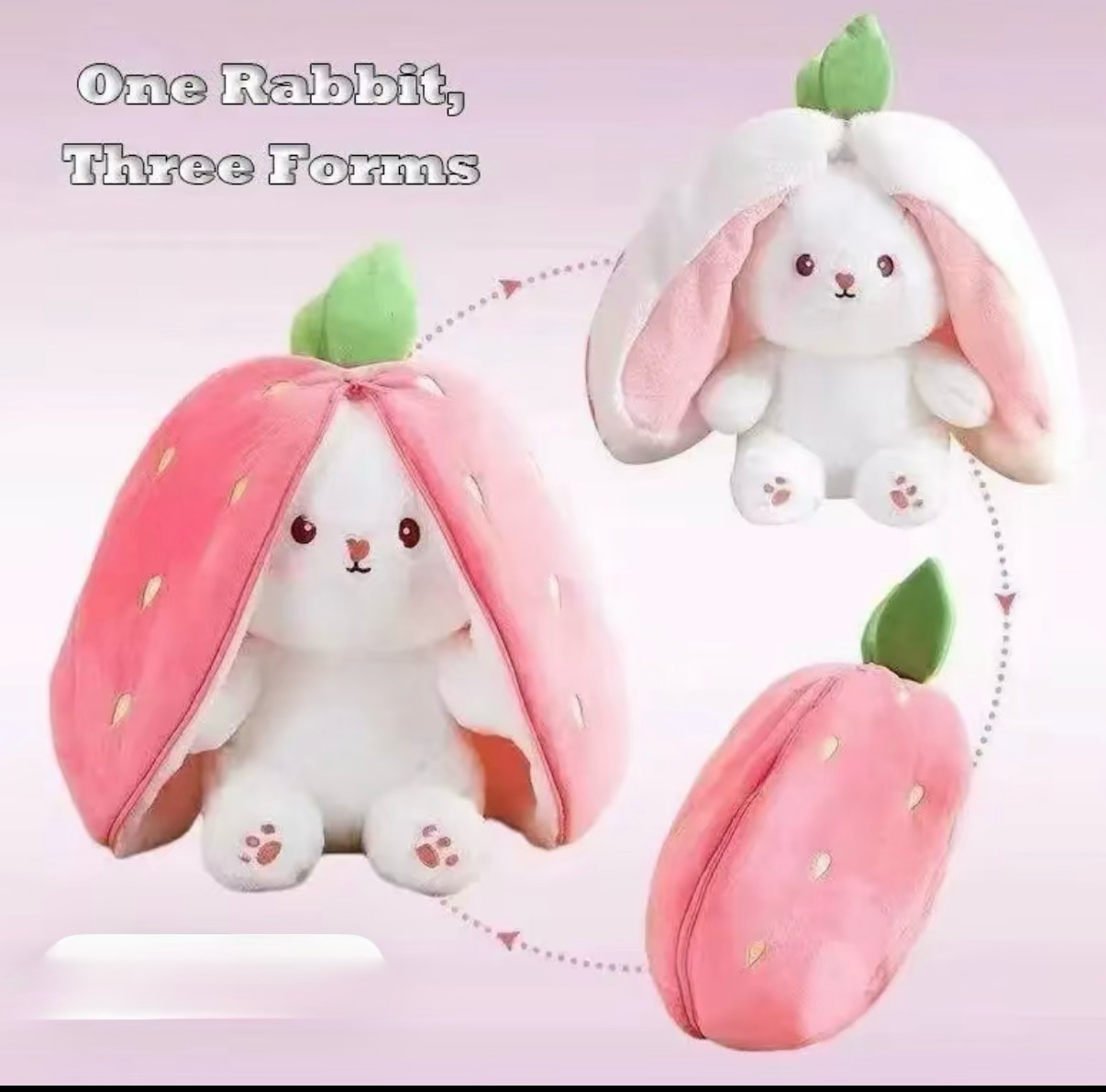 Plush toy rabbit transforming into a pink fruit with a white interior on a light purple background.