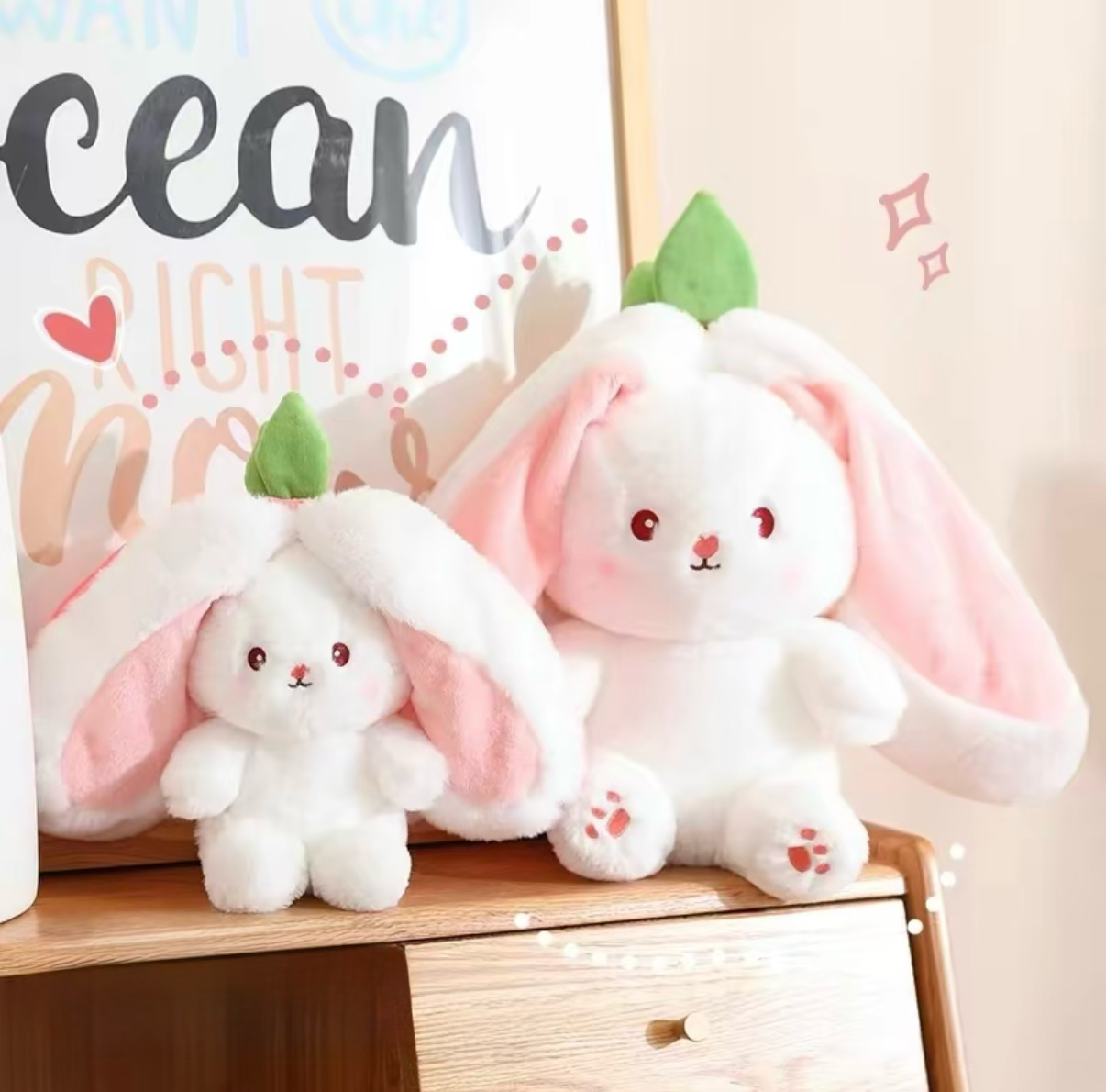 Strawberry Bunny Plush Toy 14 Inch | Transforming Kawaii Stuffed Animal | 3-in-1 Surprise Rabbit