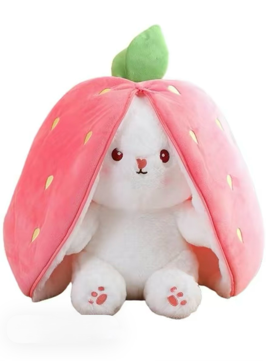Strawberry Bunny Plush Toy 14 Inch | Transforming Kawaii Stuffed Animal | 3-in-1 Surprise Rabbit