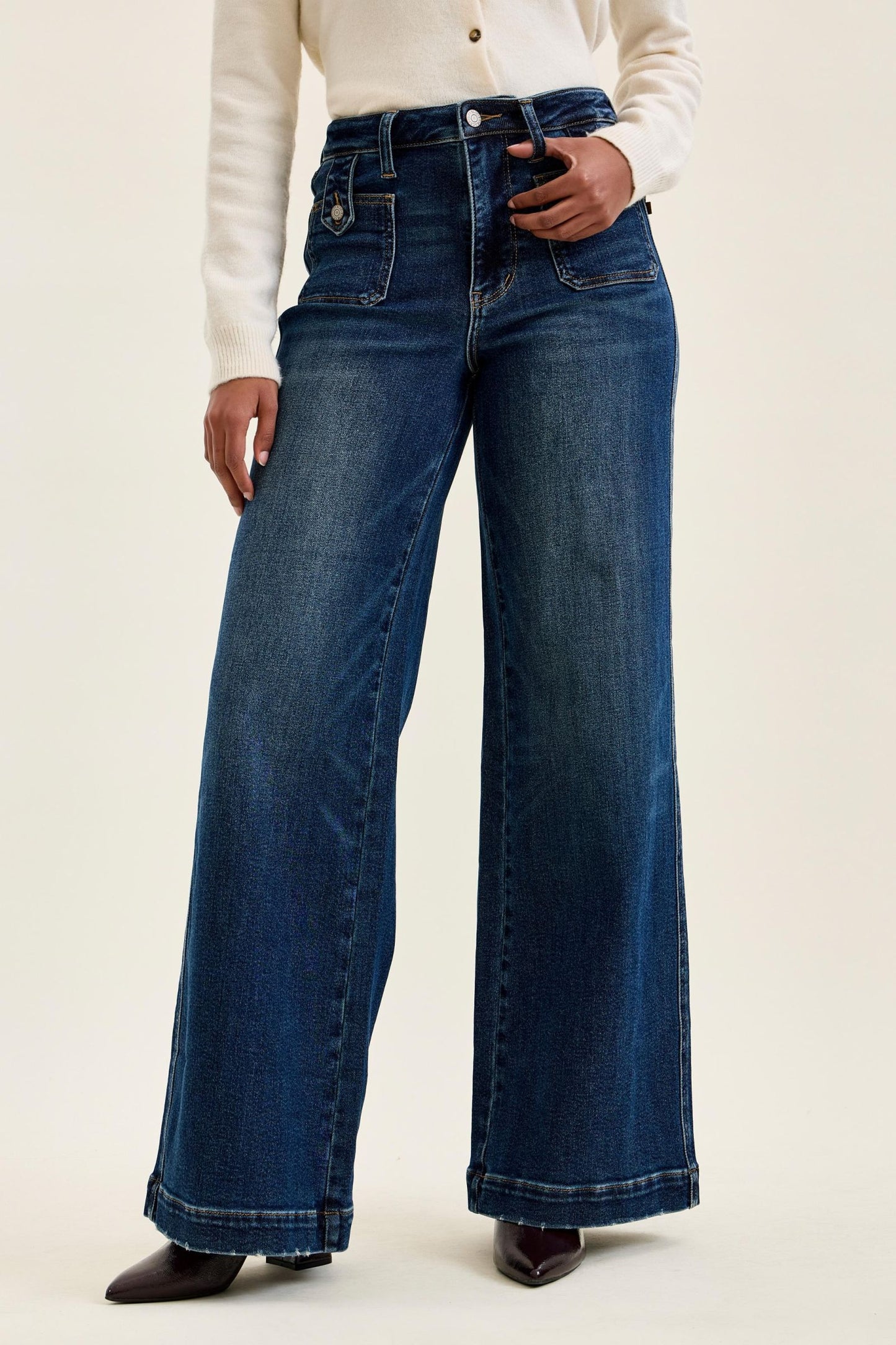 Judy Blue High Waist Retro Wide Leg Jeans — Fade Indigo, Front Patch Pockets, Reg