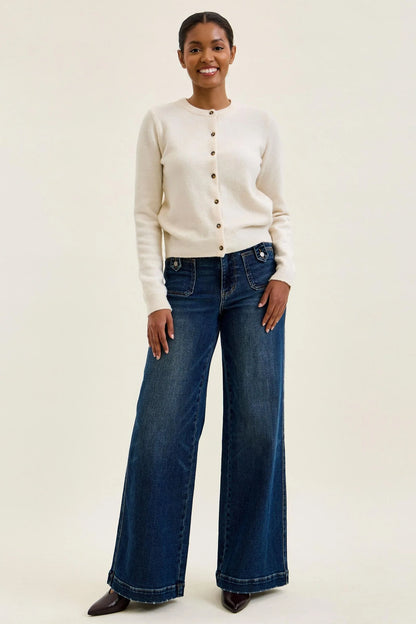 Judy Blue HW Lux Retro Wide Leg jeans in Fade Indigo, full-length front view on model wearing size 3/26, showing high waist, dramatic wide leg silhouette and front patch pockets with tab closure