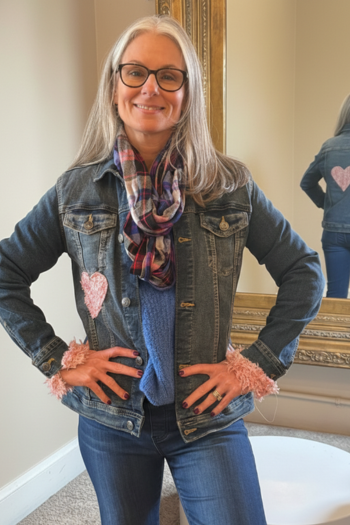 A medium-wash denim jacket featuring pink fuzzy heart patches on the front and back, accented with matching pink fuzzy cuffs.