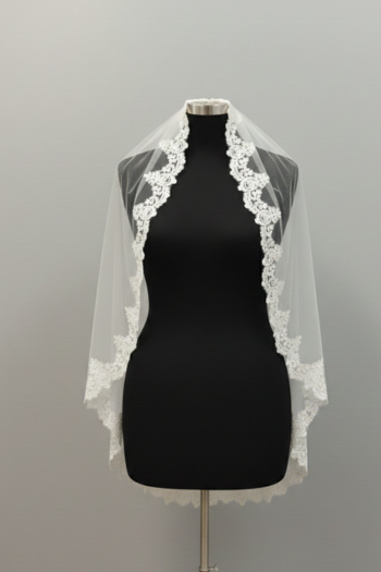 Single Layer Waist Length Bridal Veil with Appliqué