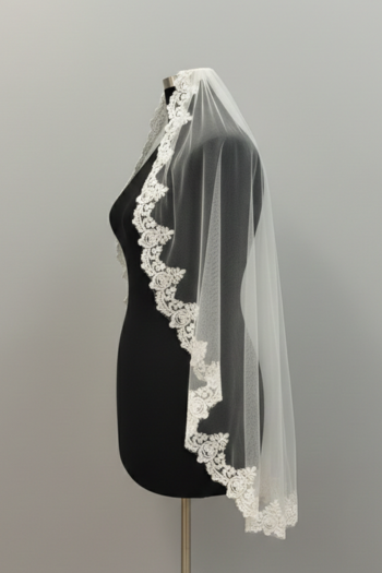 Single Layer Waist Length Bridal Veil with Appliqué