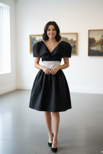 Black A-line mini dress featuring exaggerated off-the-shoulder puff sleeves, a structured V-neckline, and a contrasting wide white waist sash that ties into a large bow at the back.
