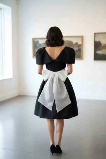 Vintage Victor Costa Black Cocktail Dress with Bubble Sleeves & Sash Belt