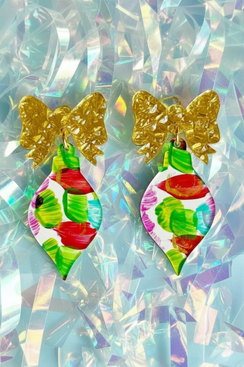 A pair of holiday-themed drop earrings featuring textured gold bow posts and colorful, hand-painted bulb-shaped dangles with vibrant green, red, and pink brushstrokes.