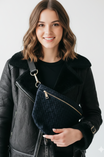A navy blue woven fanny pack with a soft, suede-like texture, featuring a prominent gold-tone zipper across the front and a gold swivel clasp on the strap.