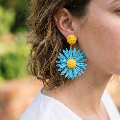 Turquoise & Yellow Raffia Flower Drop Earrings | Boho Stud Dangle