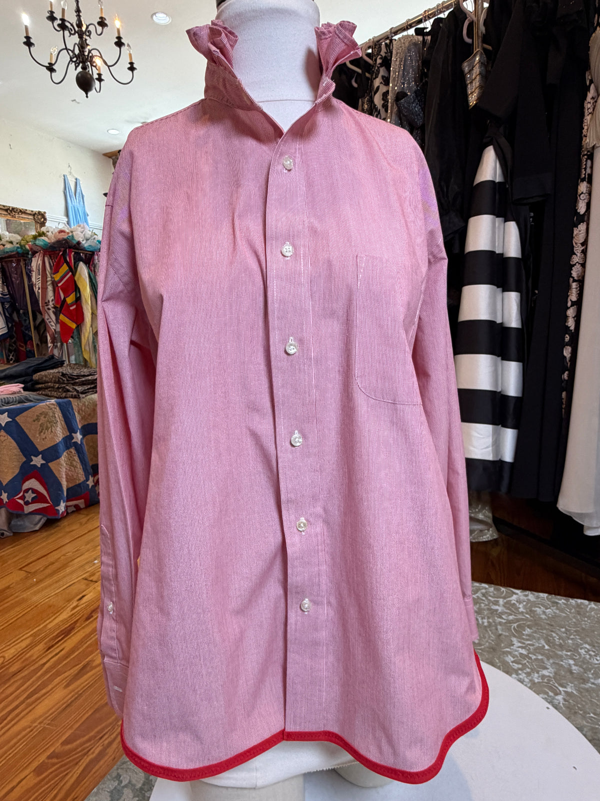 Upcycled Red Pinstripe Button-Up | Ruffled Collar | Red Piped Hem | XL