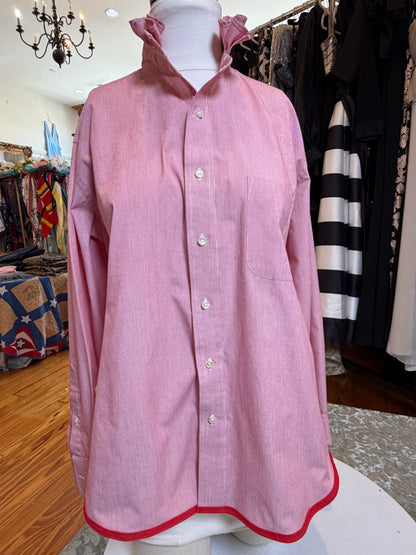 Upcycled Red Pinstripe Button-Up | Ruffled Collar | Red Piped Hem | XL