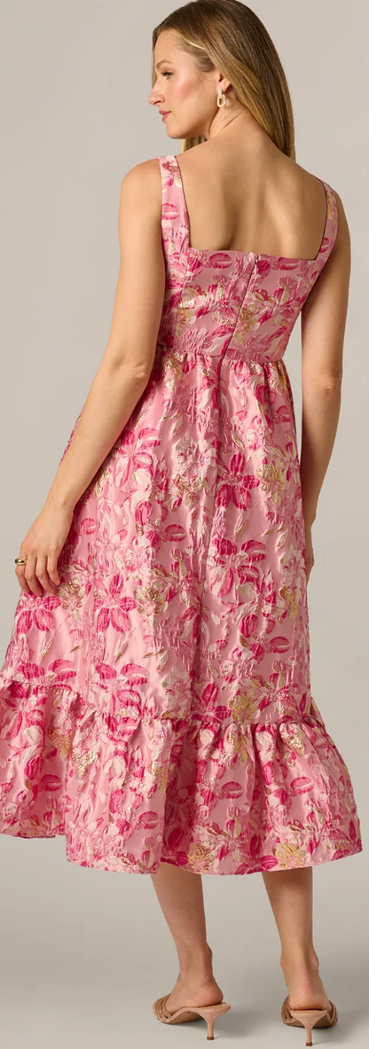 Metallic Floral Jacquard Ruffle Midi Dress – Pink Multi | Size 8 | Adrianna Papell