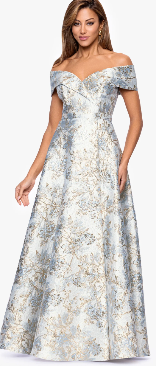Melissa Brocade Off-the-Shoulder V-Neck Ballgown – Blue/Gold Floral | Size 10 | Xscape