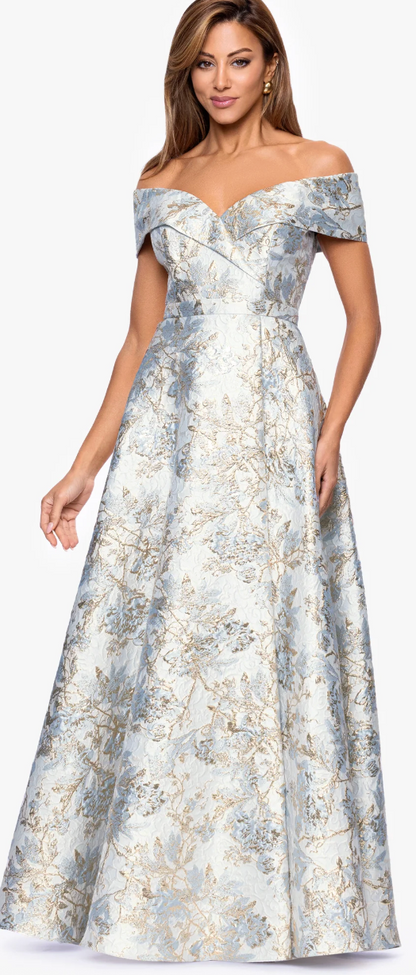 Melissa Brocade Off-the-Shoulder V-Neck Ballgown – Blue/Gold Floral | Size 10 | Xscape