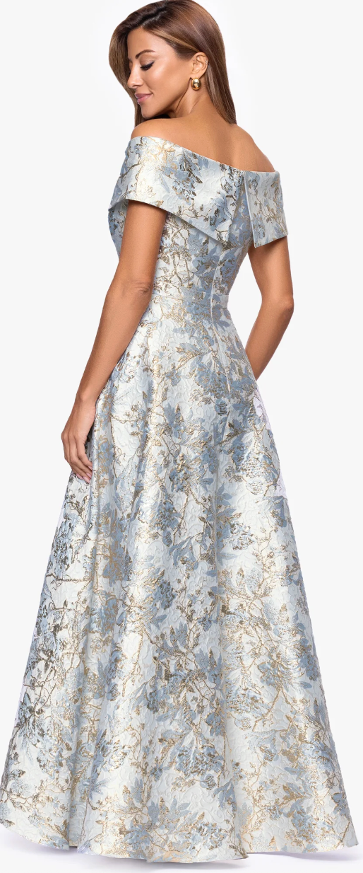 Melissa Brocade Off-the-Shoulder V-Neck Ballgown – Blue/Gold Floral | Size 10 | Xscape