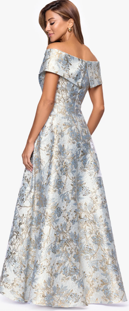 Melissa Brocade Off-the-Shoulder V-Neck Ballgown – Blue/Gold Floral | Size 10 | Xscape