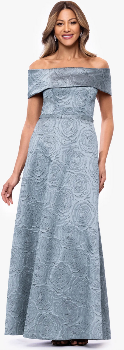 Gloria Brocade Off-the-Shoulder Floor-Length Gown – Dusty Blue Rose Jacquard | Size 12
