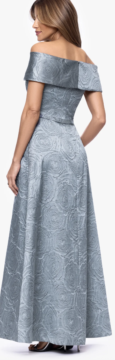 Gloria Brocade Off-the-Shoulder Floor-Length Gown – Dusty Blue Rose Jacquard | Size 12