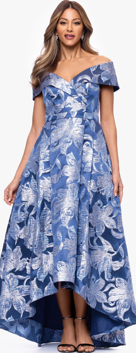 Matilda Brocade Off-the-Shoulder High-Low Floor-Length Gown – Blue & Silver Floral | Size 6