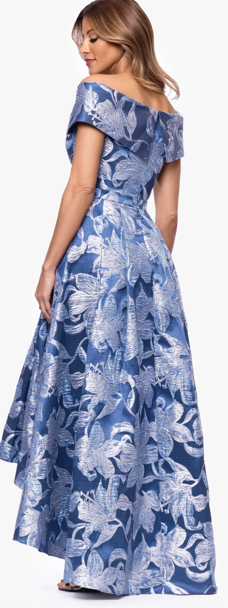 Matilda Brocade Off-the-Shoulder High-Low Floor-Length Gown – Blue & Silver Floral | Size 6