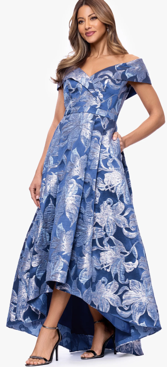 Matilda Brocade Off-the-Shoulder High-Low Floor-Length Gown – Blue & Silver Floral | Size 6