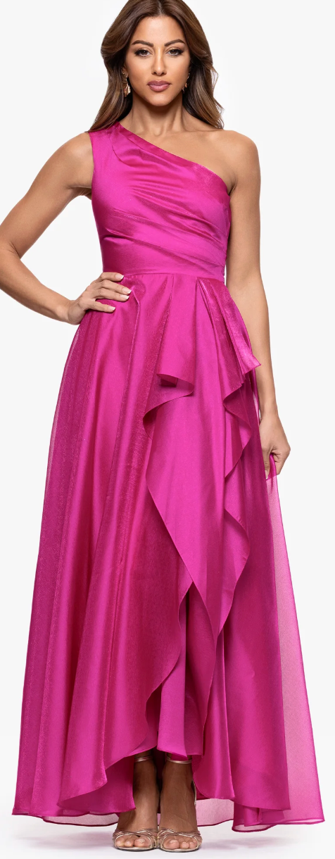 Samantha Organza One-Shoulder Ruffle Floor-Length Gown – Fuchsia Pink | Size 8 |
