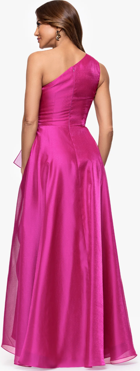 Samantha Organza One-Shoulder Ruffle Floor-Length Gown – Fuchsia Pink | Size 8 |
