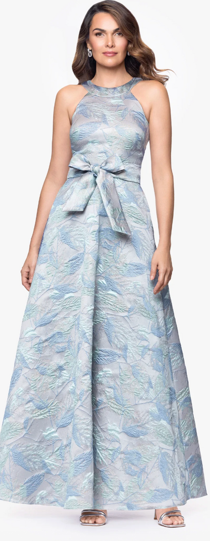 Schena Brocade Halter Neck Floor-Length Gown – Ice Blue/Silver Flora, Sz 6