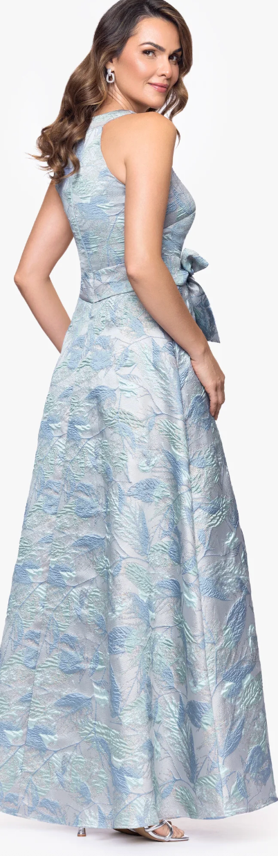 Schena Brocade Halter Neck Floor-Length Gown – Ice Blue/Silver Flora, Sz 6