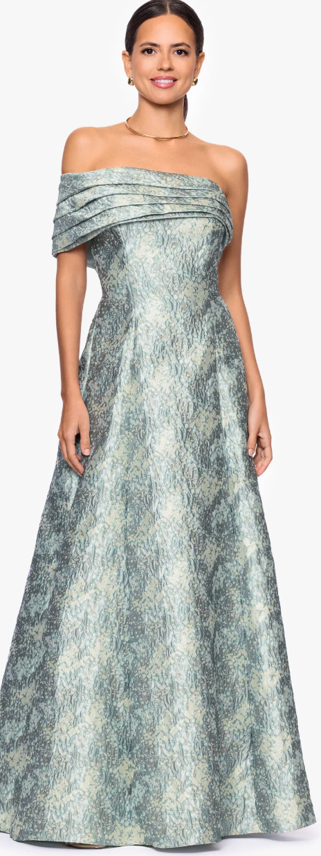 Off-the-Shoulder Pleated Brocade Floor-Length Gown – Sage/Ivory Jacquard, Sz 6