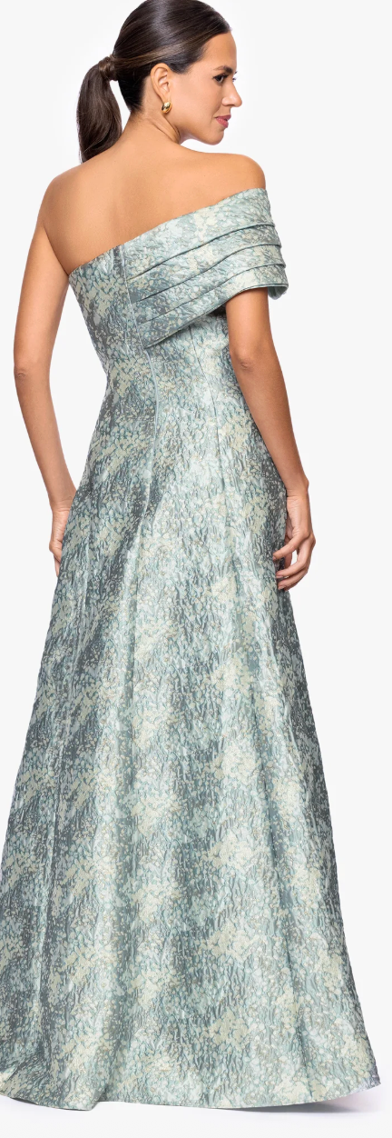 Off-the-Shoulder Pleated Brocade Floor-Length Gown – Sage/Ivory Jacquard, Sz 6