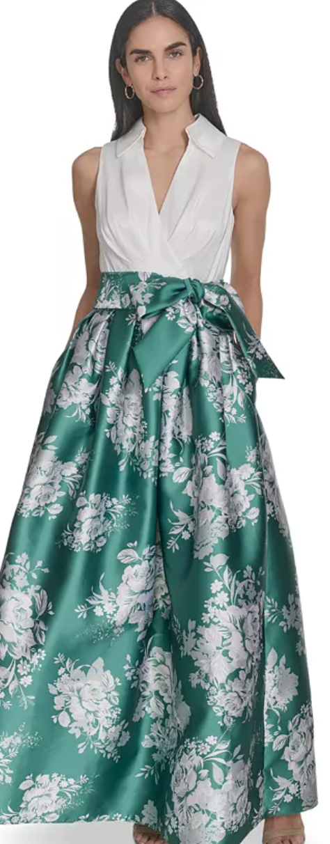 Jessica Howard Women's Sleeveless Floral Ball Gown with Pockets – White & Green | Size 8