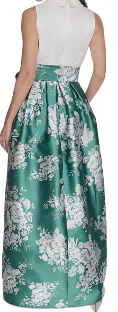 Jessica Howard Women's Sleeveless Floral Ball Gown with Pockets – White & Green | Size 8