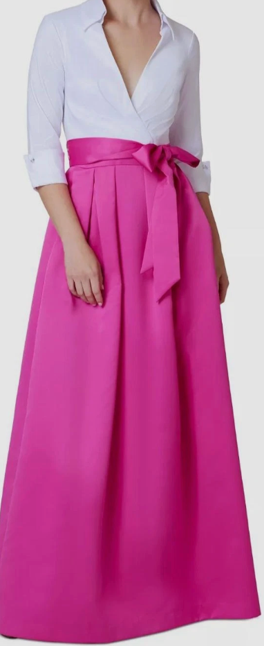 Jessica Howard Women's 3/4 Sleeve Wrap Bodice Ball Gown with Pockets – White & Pink | Size 10