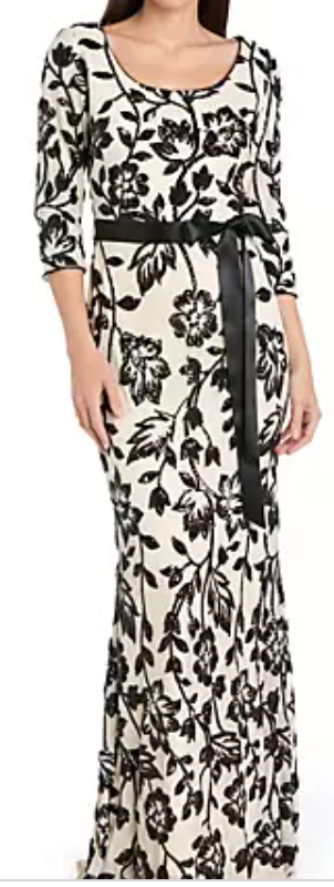 Floral Sequin Gown With Sash Belt | Black & Ivory, Size 10