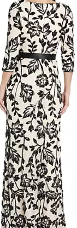 Floral Sequin Gown With Sash Belt | Black & Ivory, Size 10