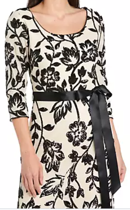 Floral Sequin Gown With Sash Belt | Black & Ivory, Size 10