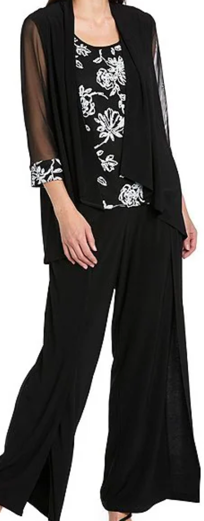 3-Piece Sequin Floral Pant Set | Black/White, Sizes 8 and 14