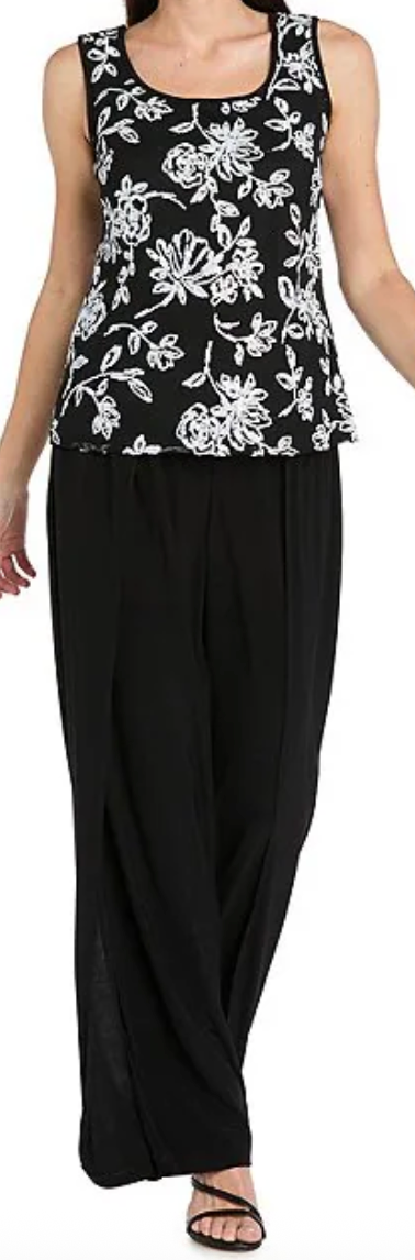 3-Piece Sequin Floral Pant Set | Black/White, Sizes 8 and 14